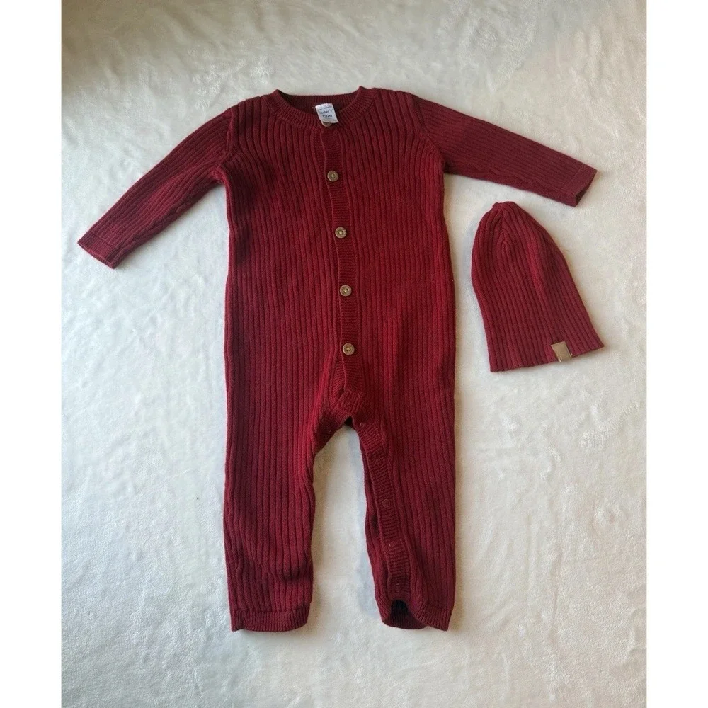 Carter's Baby Red Knit Coverall & Hat Set 12 Months Button Closure Long Sleeve
